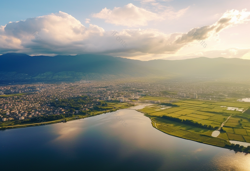 航拍海岸线周围的城市建筑自然风光,高清,摄影图,摄影图片,图片大全,摄影图免费下载